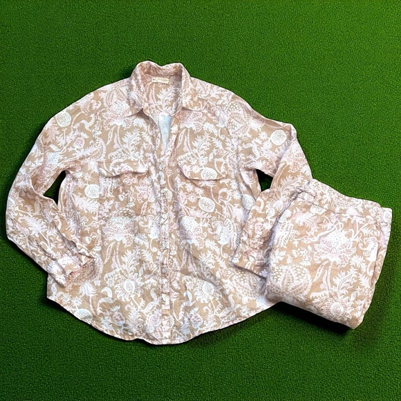 ROLLER RABBIT Amanda Print Tan & Pink Floral Linen 2 Piece Loungewear EUC $148 L - Picture 2 of 14
